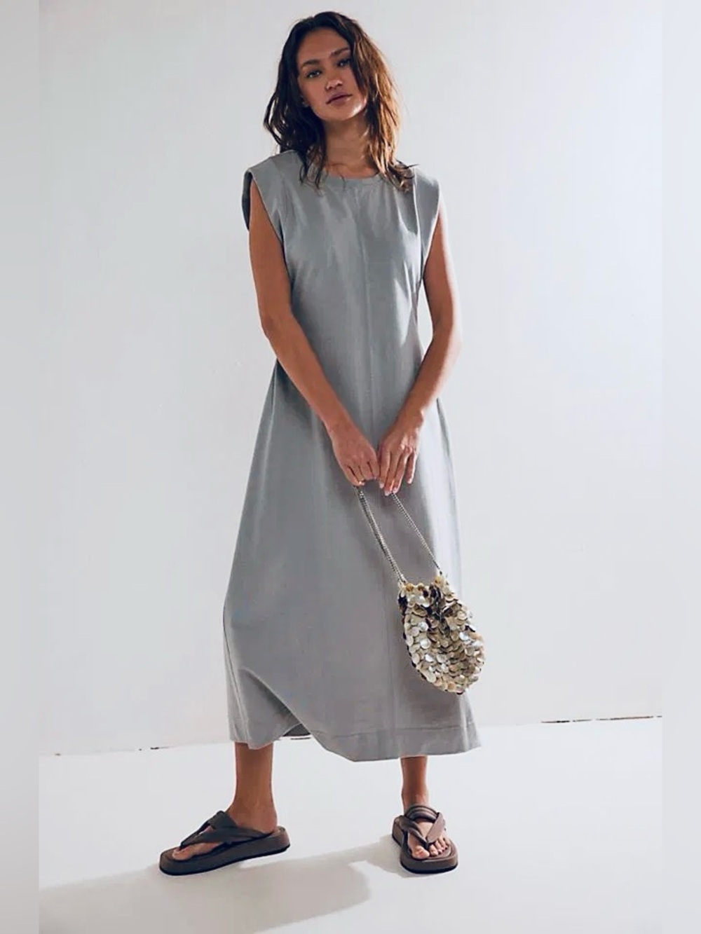 Free People Simone Gray Frost Bitten Cotton Cut Out Back Maxi Midi Dress
